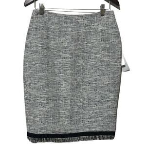 Calvin Klein Pencil Skirt Size 4 Women's Black White Metallic Tweed Fringe New